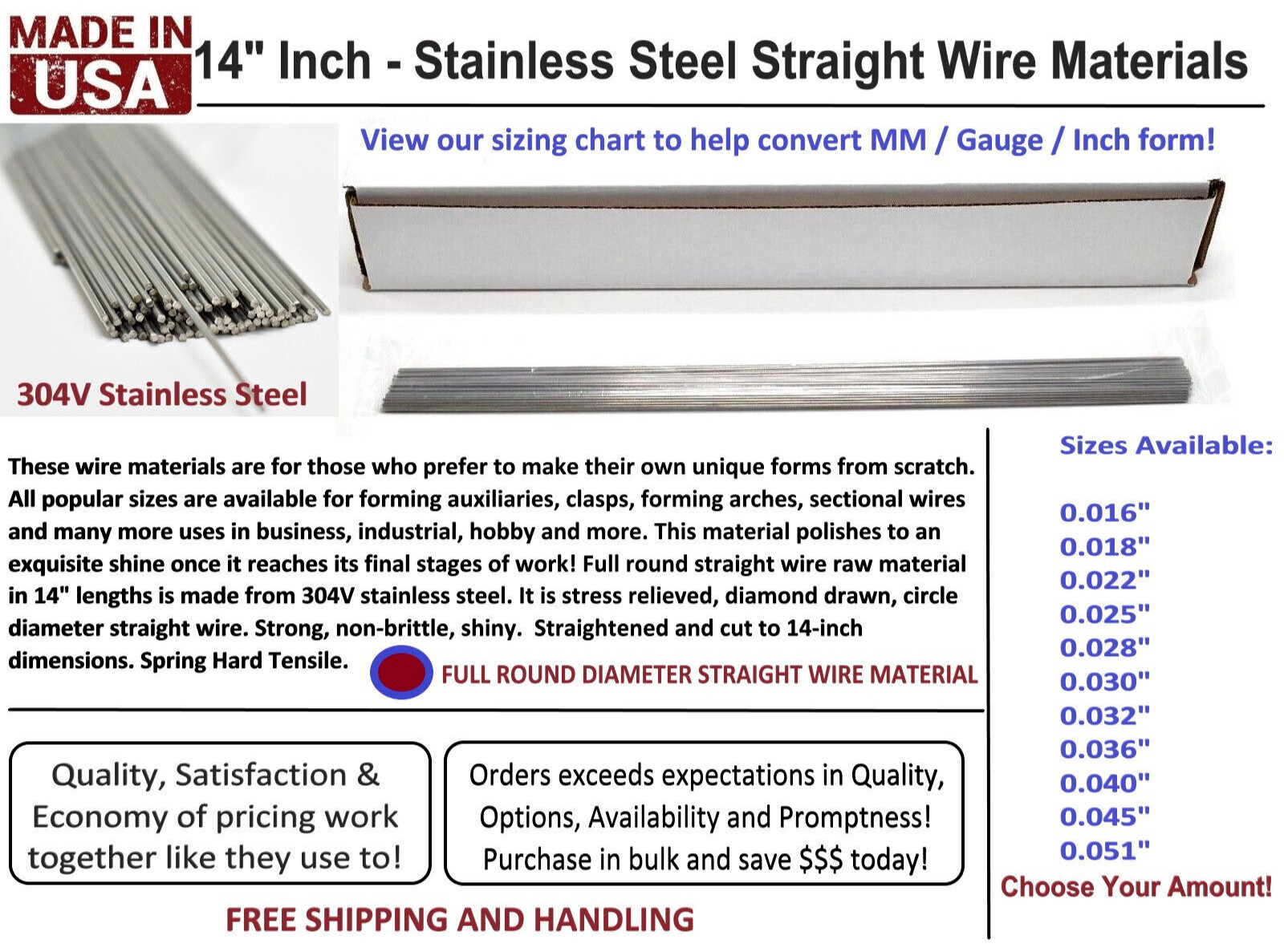 14” Orthodontic 304V Stainless Round Straight Retainer Wire Choose Amount & Size