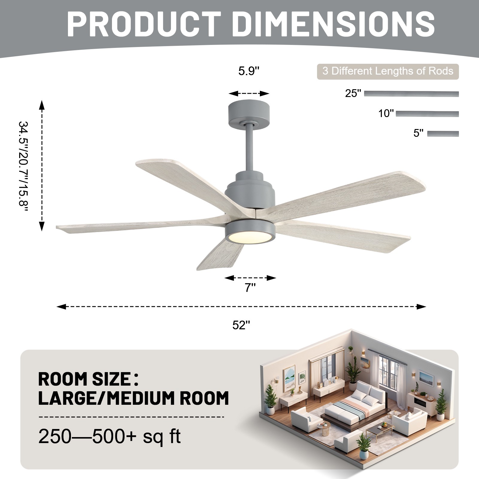 52in Solid Wood Ceiling Fan with Light and Remote Control Quiet Reversible Motor