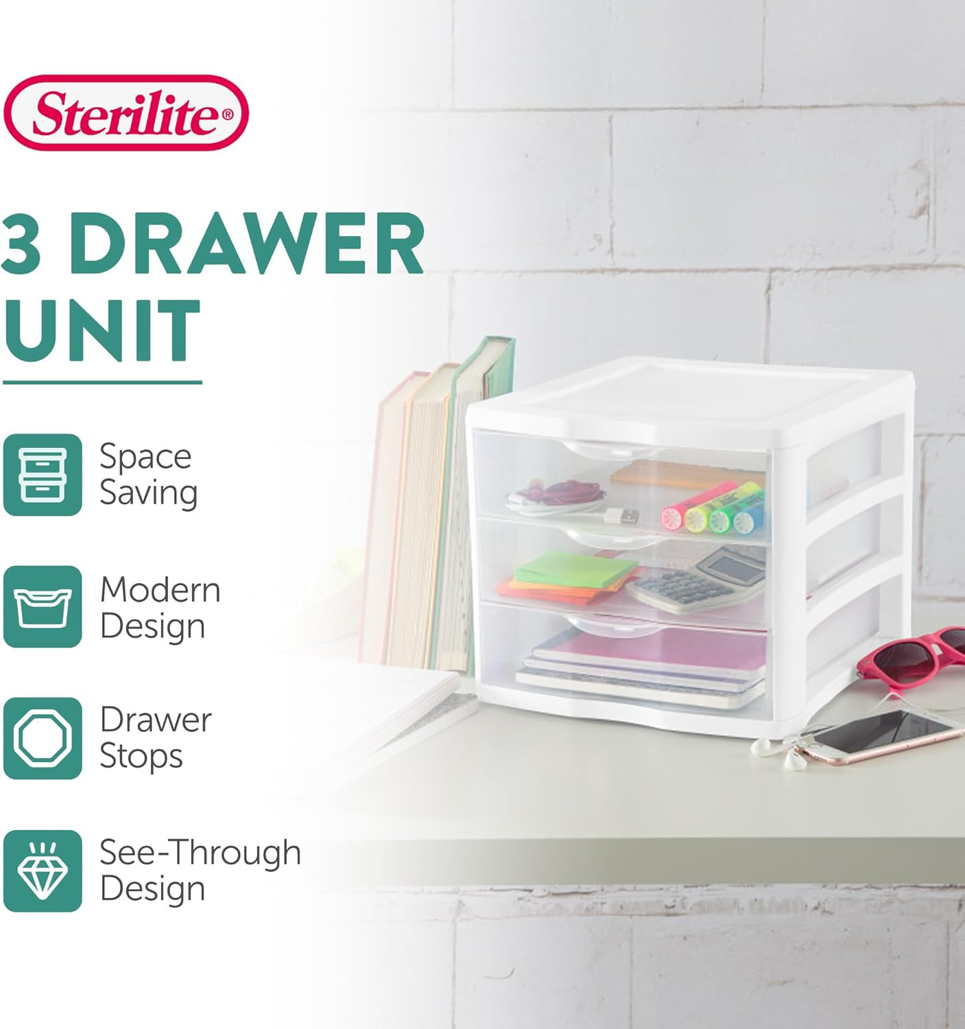 4-Pack 3 Drawer Unit, Stackable Plastic Organizer with Drawers, White Frame - Mu