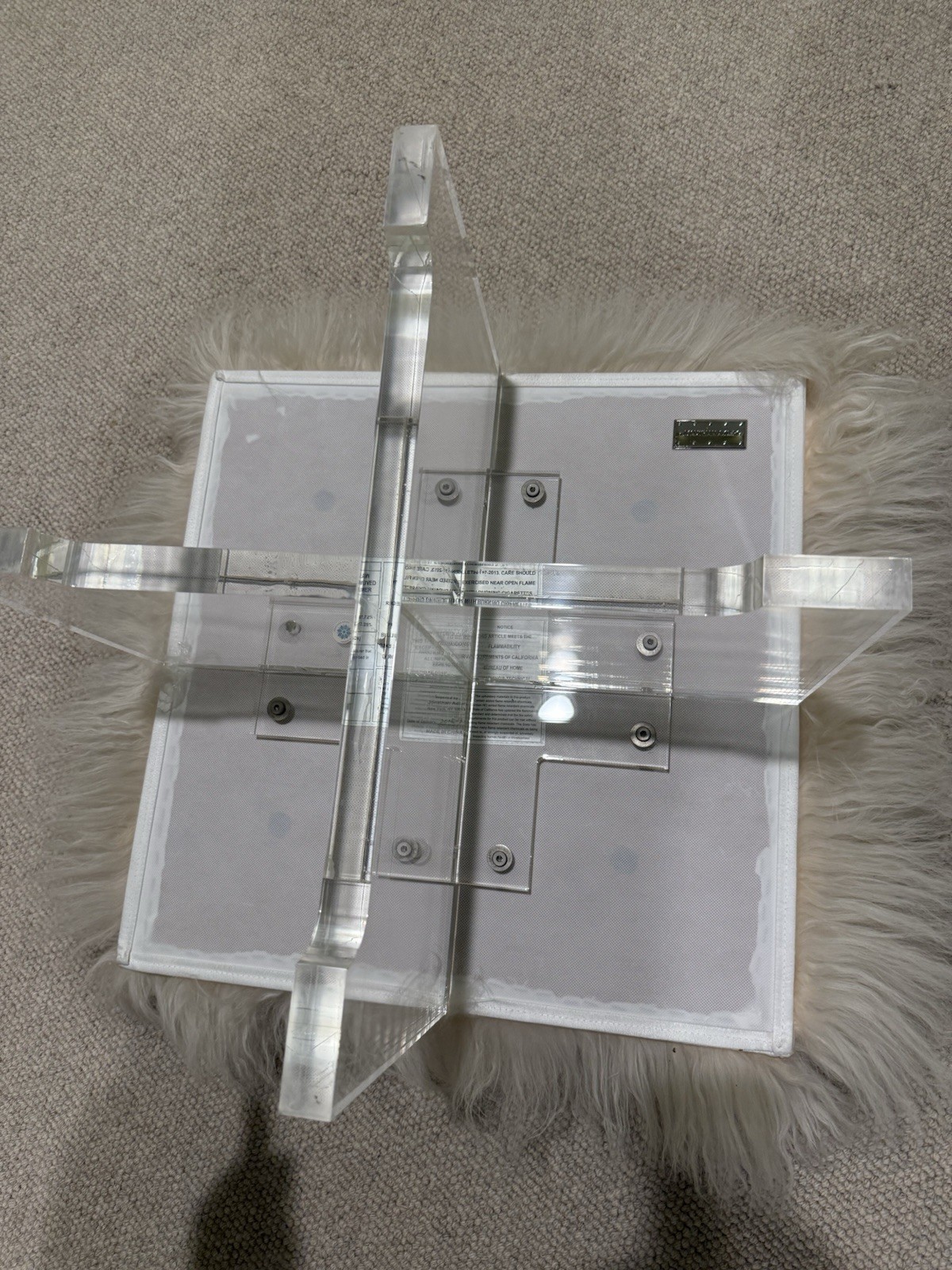 Jonathan Adler Mongolian Lamb Bench Acrylic Base Upholstered White Fur