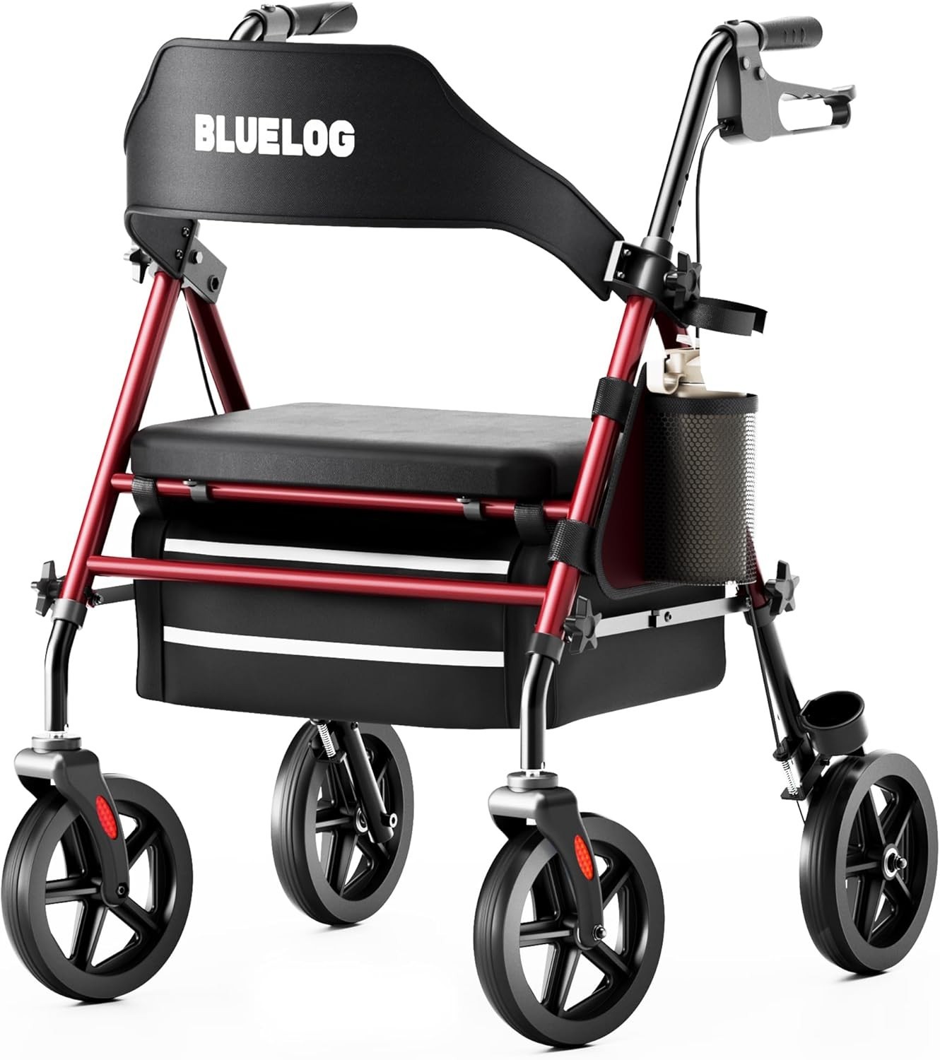 Rollator Walkers w/ Seat, Foldable 8" Big Wheels All Red, 350 lbs capacity