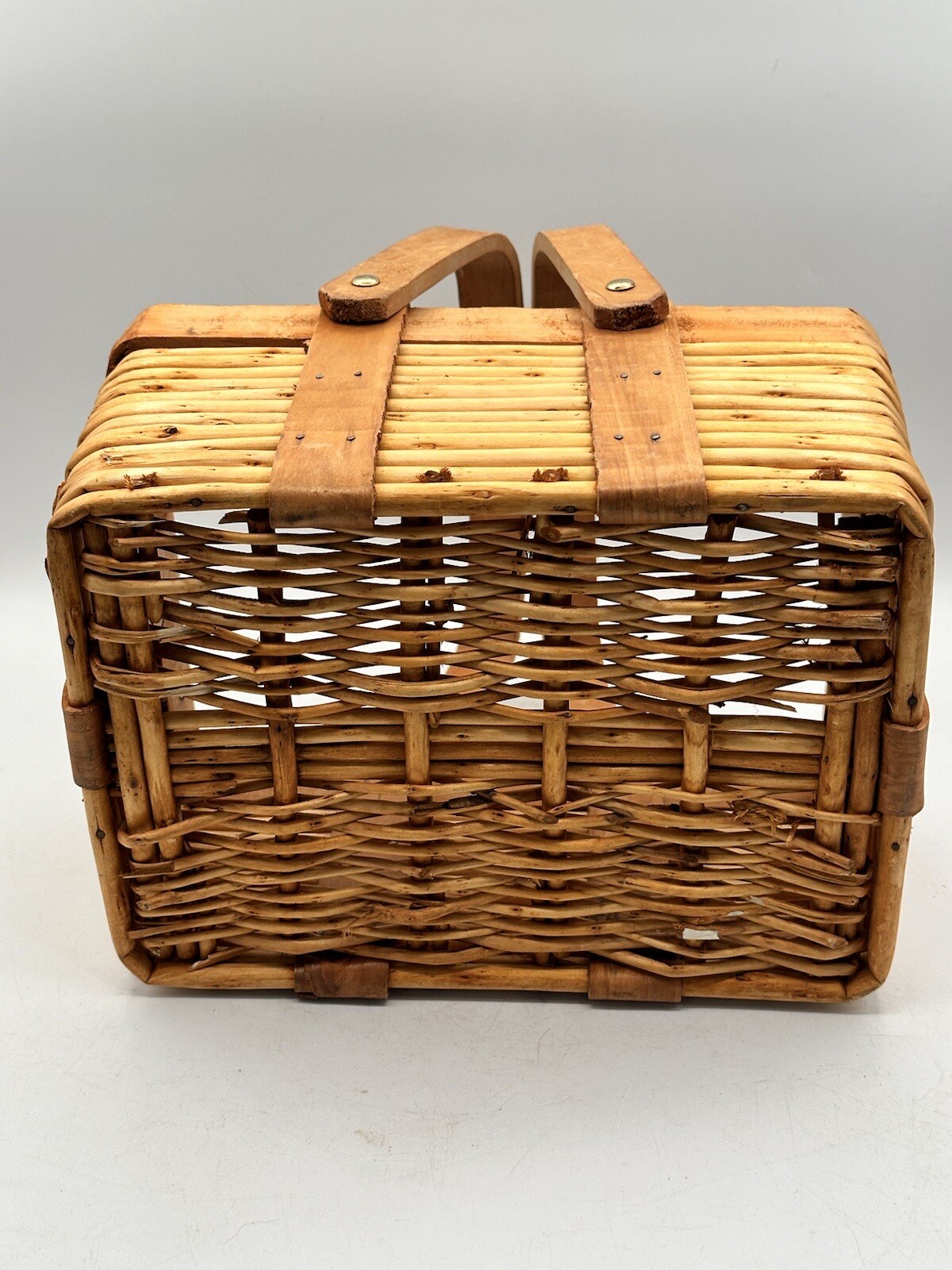 Vintage Woven Wood Gathering Basket With Folding Handles