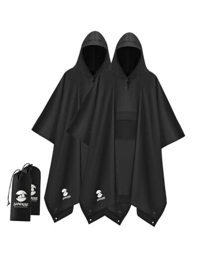 Extra Thick Hooded Rain Poncho Double Layer Waterproof Raincoat Black 2 Pack