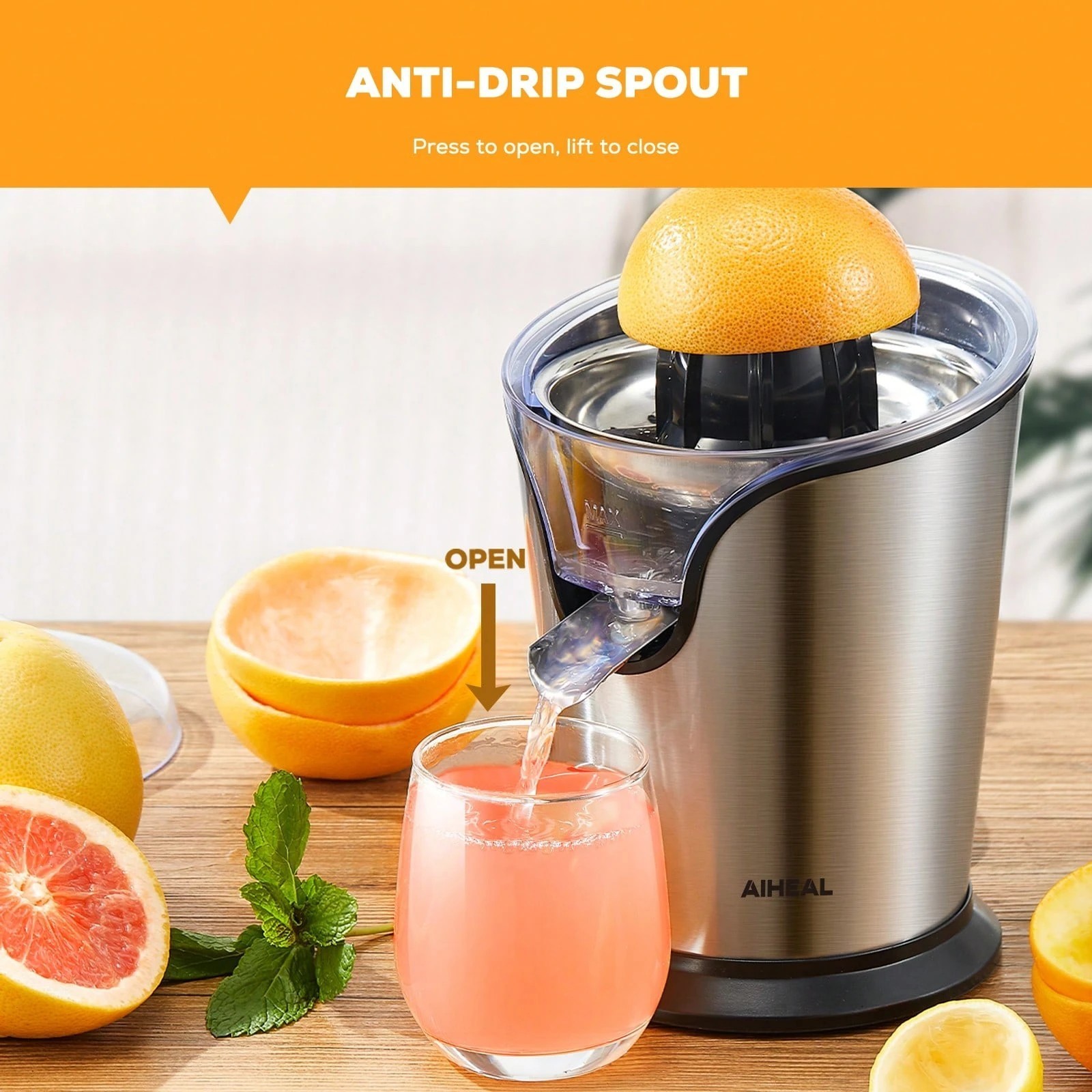 Electric Citrus Juicer Stainless Steel Orange Squeezer w/ Anti-Drip Spout Silver