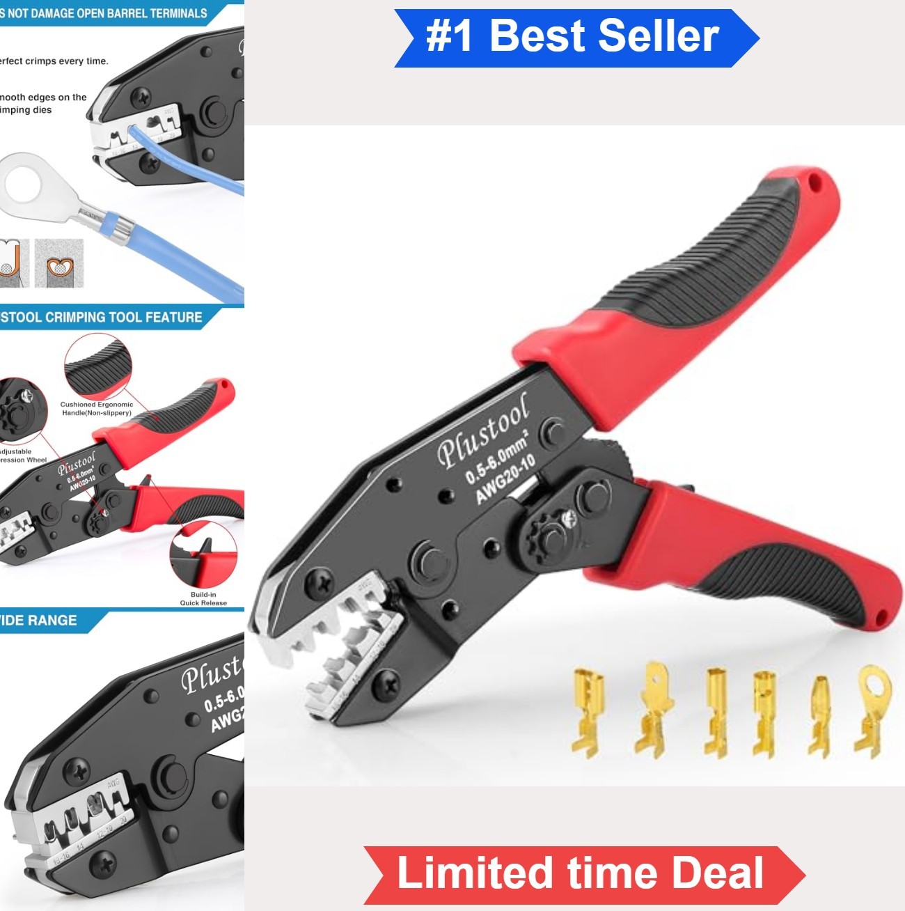 Ratcheting Wire Crimping Tool Non-Insulated Open Barrel Terminals AWG 20-10