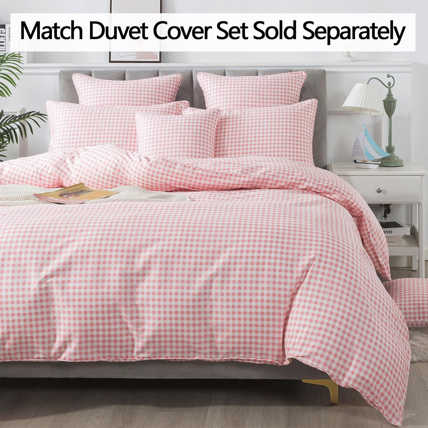 Ultra Soft Pink Plaid King Size Cotton Sheets with 2 Pillowcases - 4Pcs Set