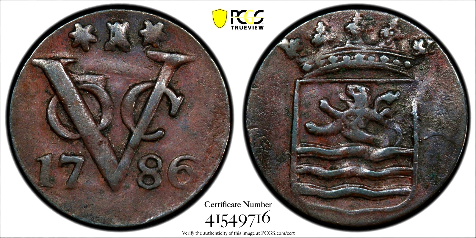 1 Duit 1786 Zeeland Lion Castle Indonesia Netherlands East Indies XF40 PCGS !!