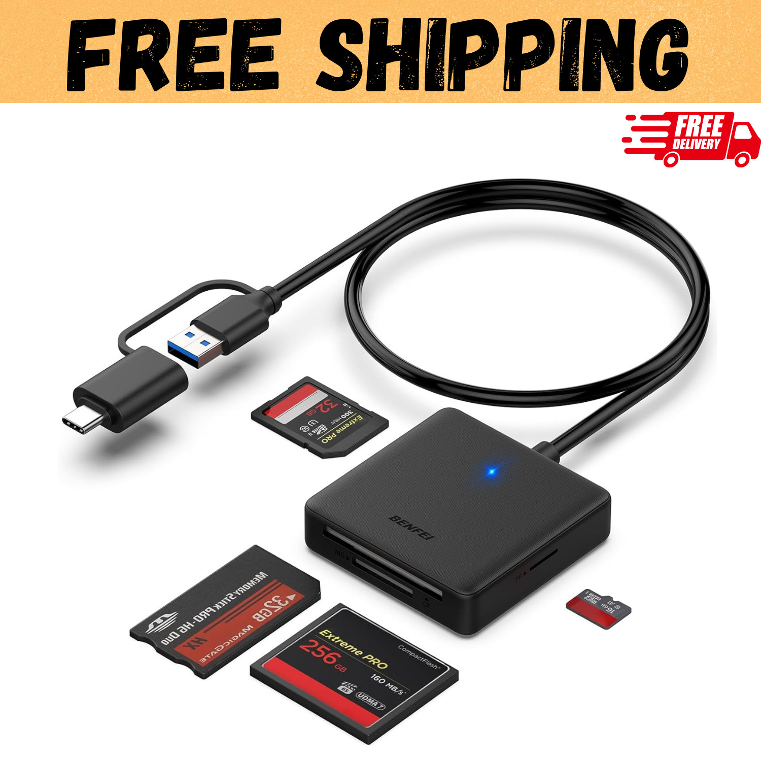 Memory Card Reader 4-in-1 USB 3.0 & USB-C Adapter for SD, Micro SD, MS, CF Cards