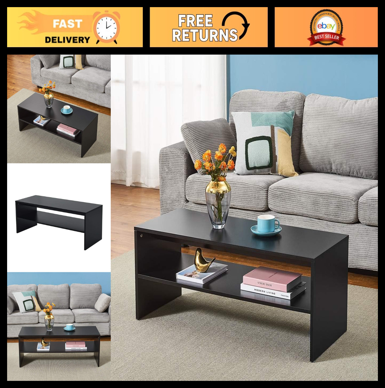 2-Tier Coffee Table - Modern Sofa Side End Table for Living Room & Office, Black