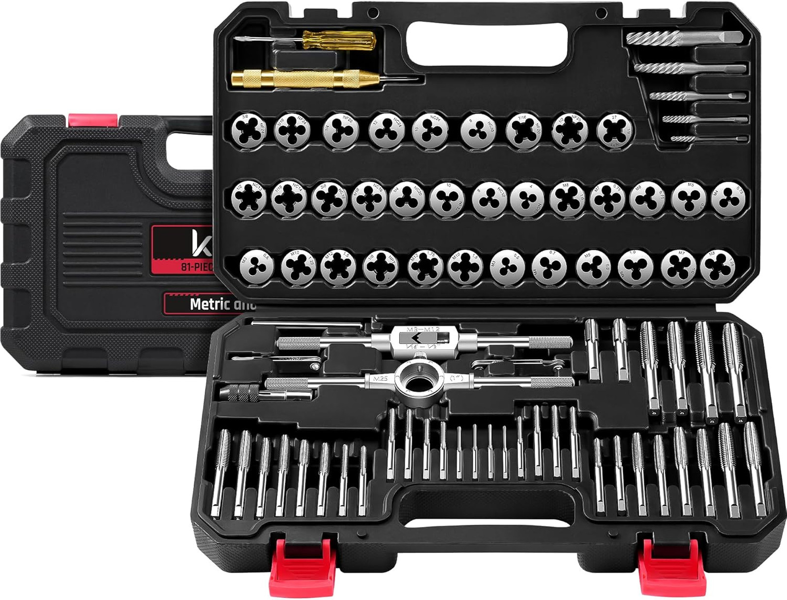 81-Piece Tap and Die Set GCr15 Steel SAE Metric Repair Kit with Thread Gauges