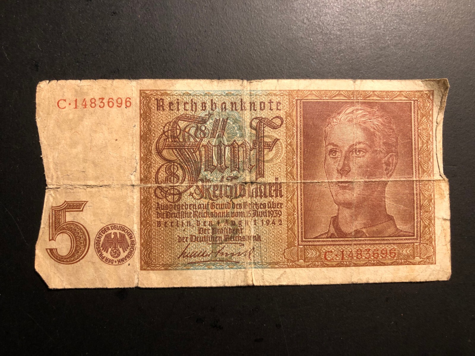 Old Wintage WWII 1942 Germany 5 Reichmark Banknote