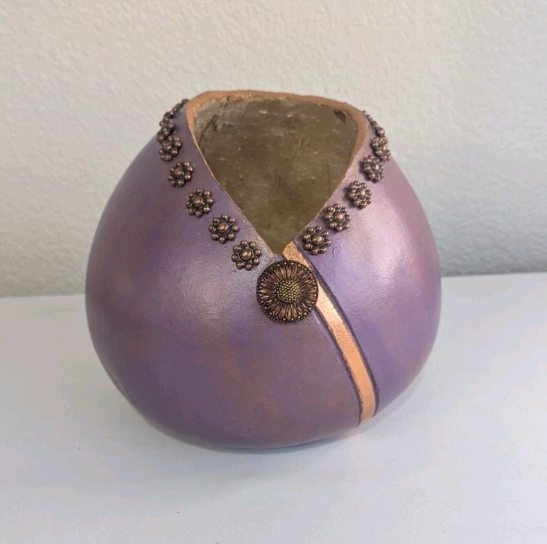 Handcrafted Gourd Art Bowl Purple With Copper Colored Floral Accents
