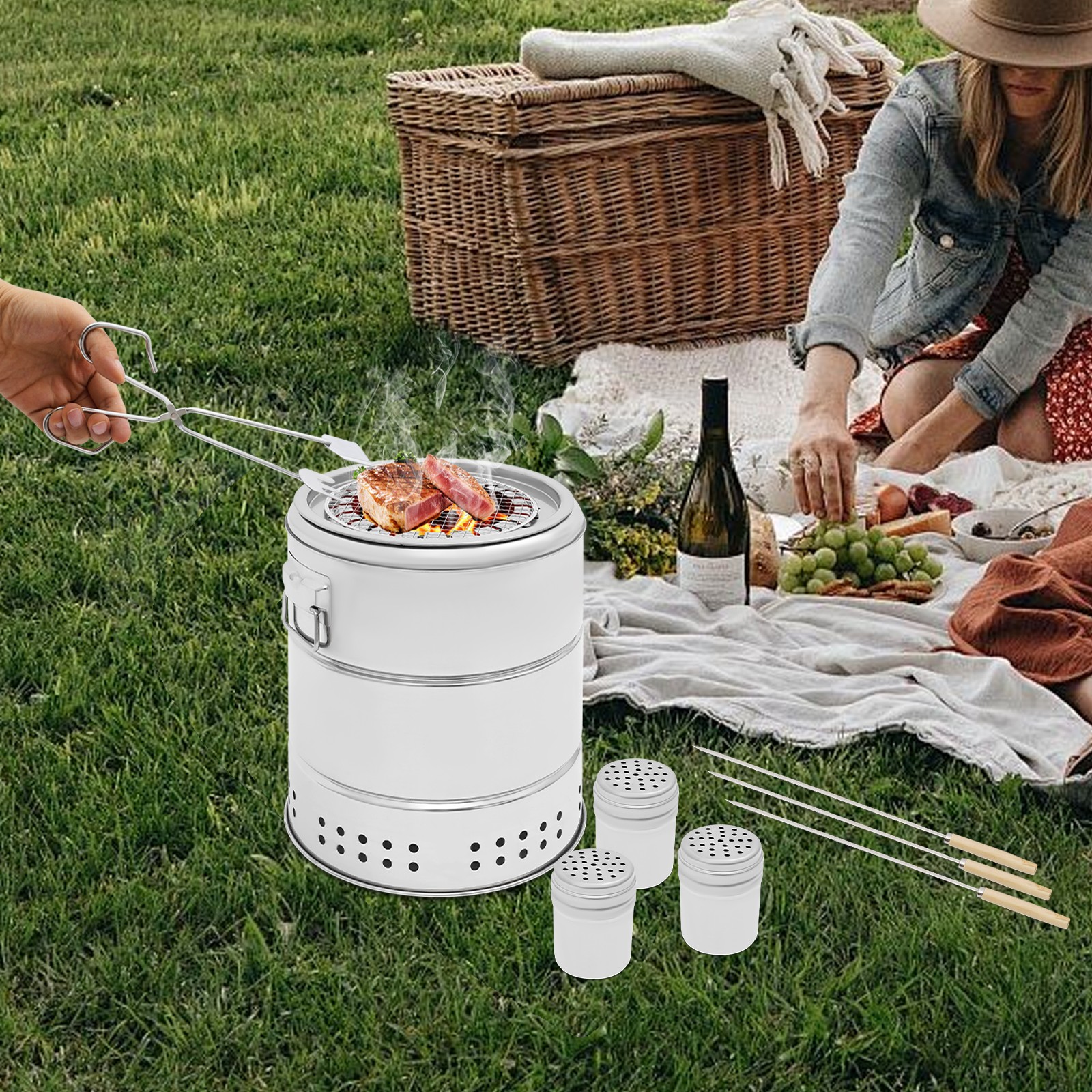 Portable Smokeless Stainless Steel Surround Charcoal Kebab Grill with 22 Skewers