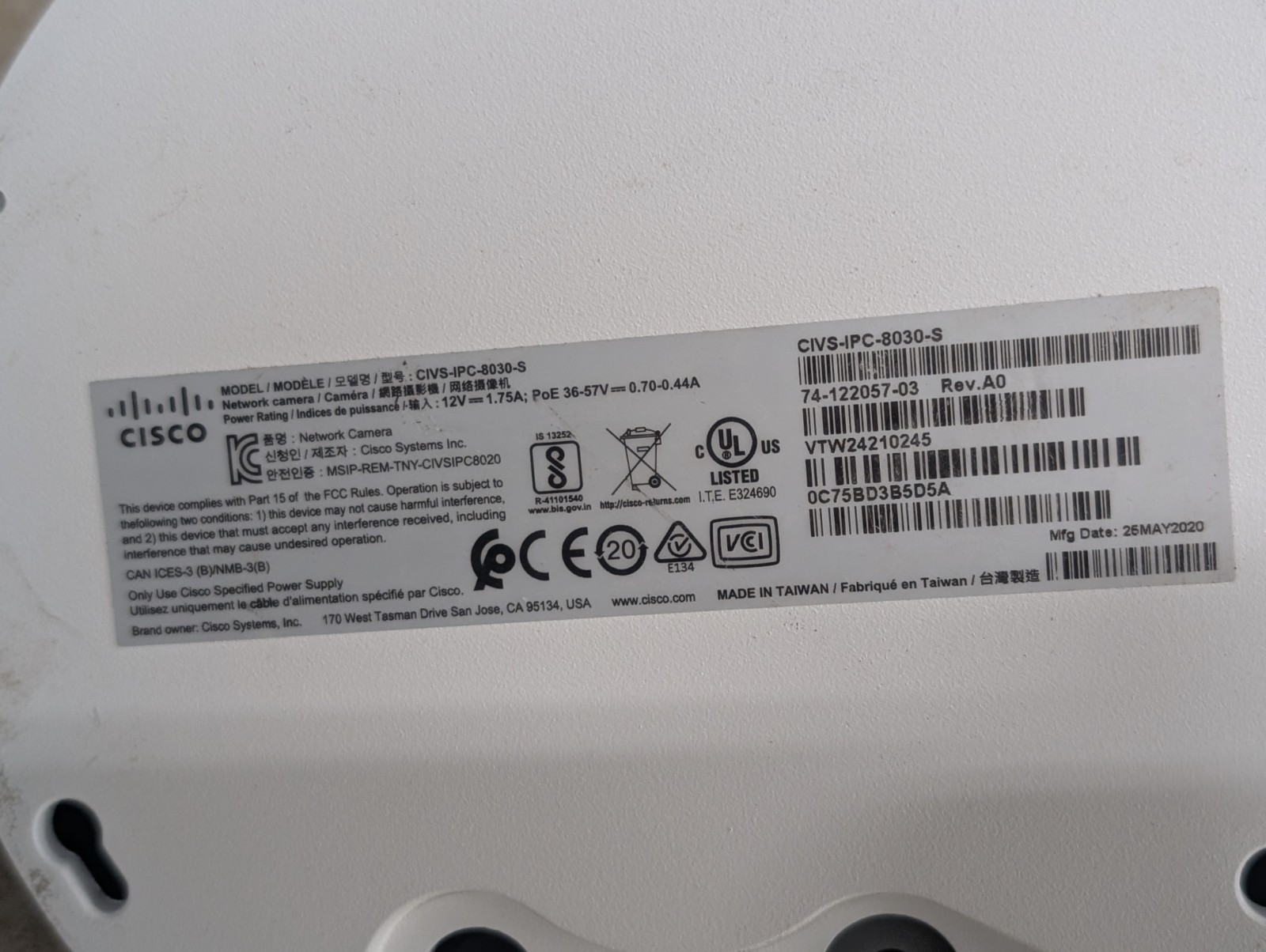 Cisco CIVS-IPC-8030S Network Dome Surveillance Camera