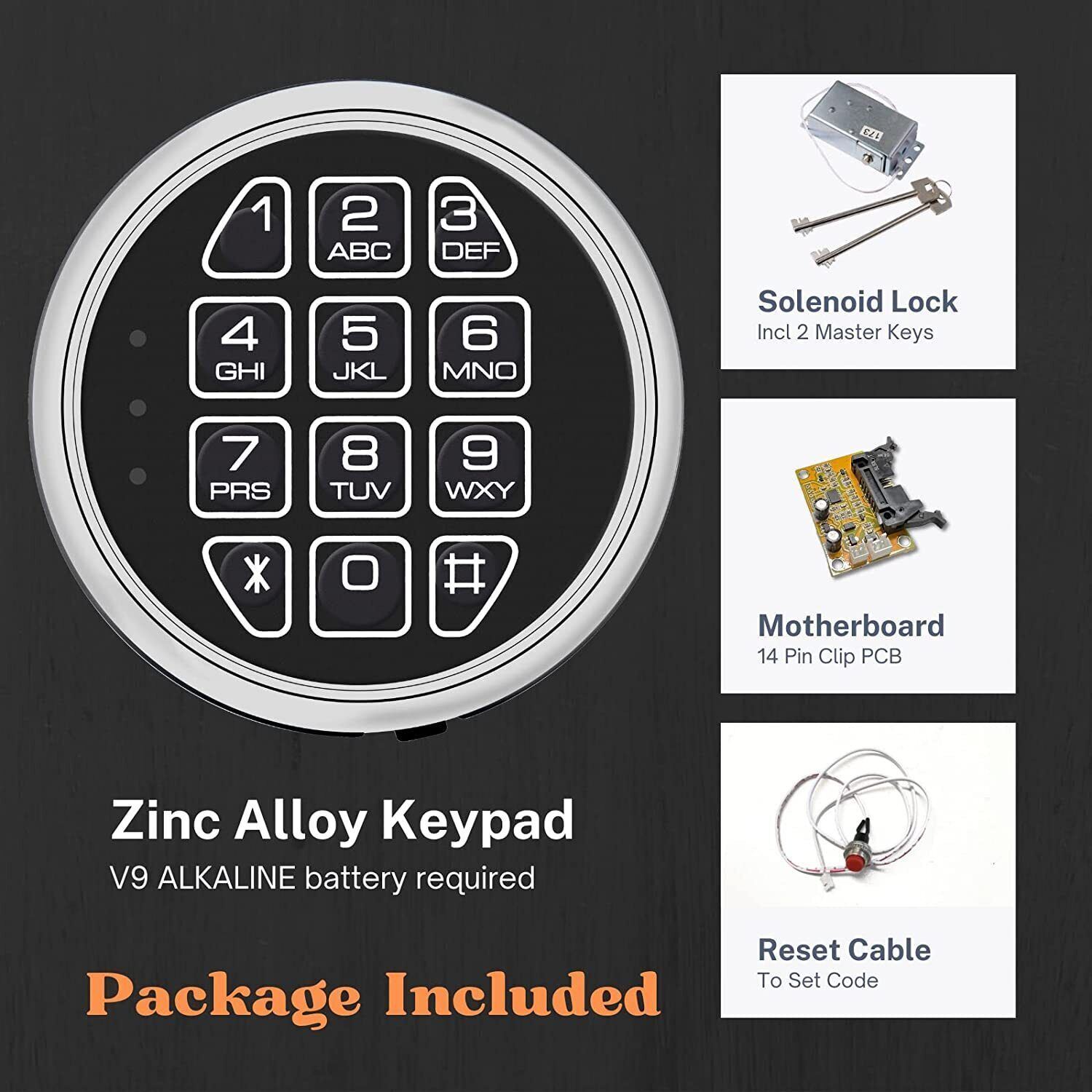 Gun Safe lock Replacement Chrome Keypad Lock Solenoid Lock & 2 Override Keys