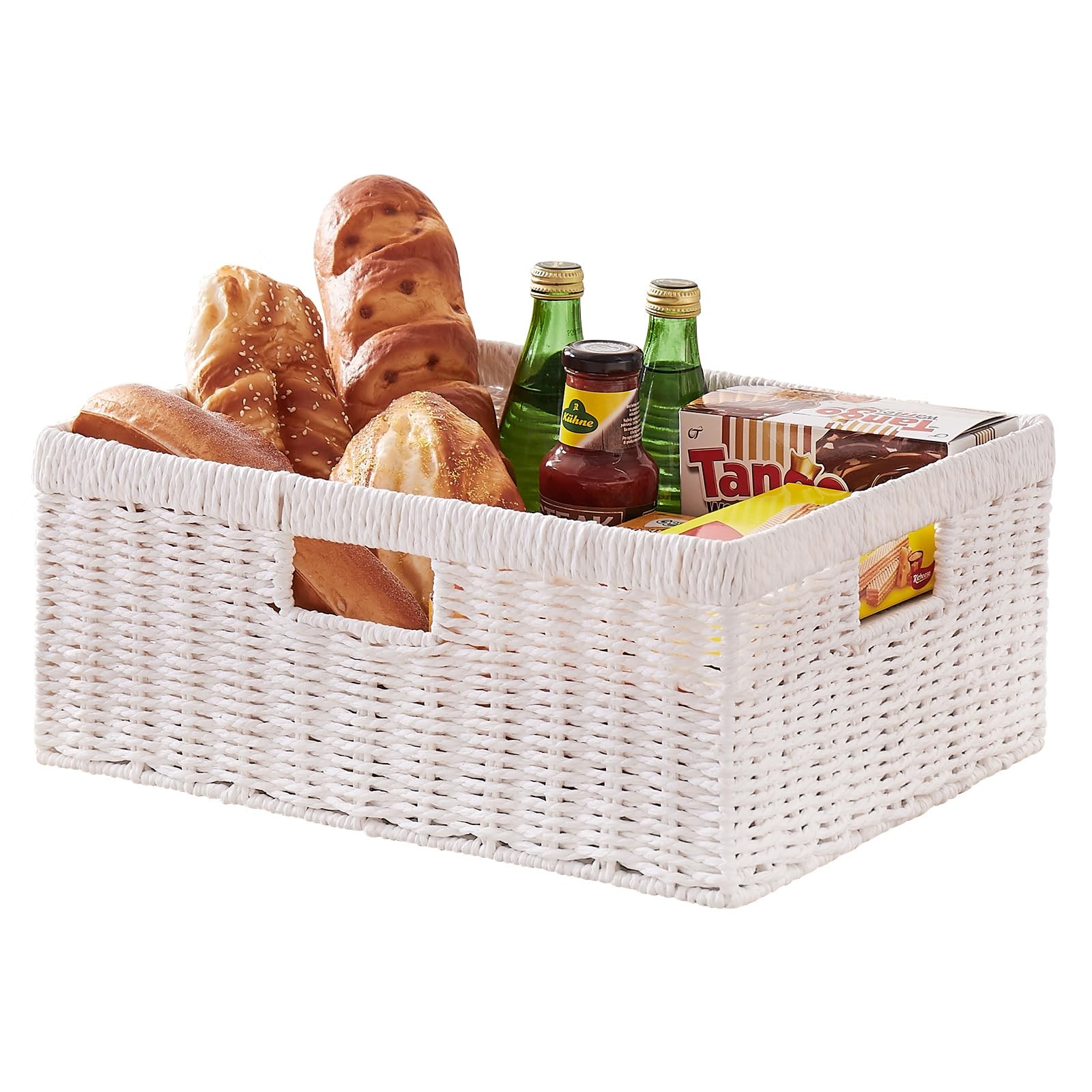 1 PCS White Rectangular Wicker Paper Shelf Basket Storage Bin BuiltIn Handle