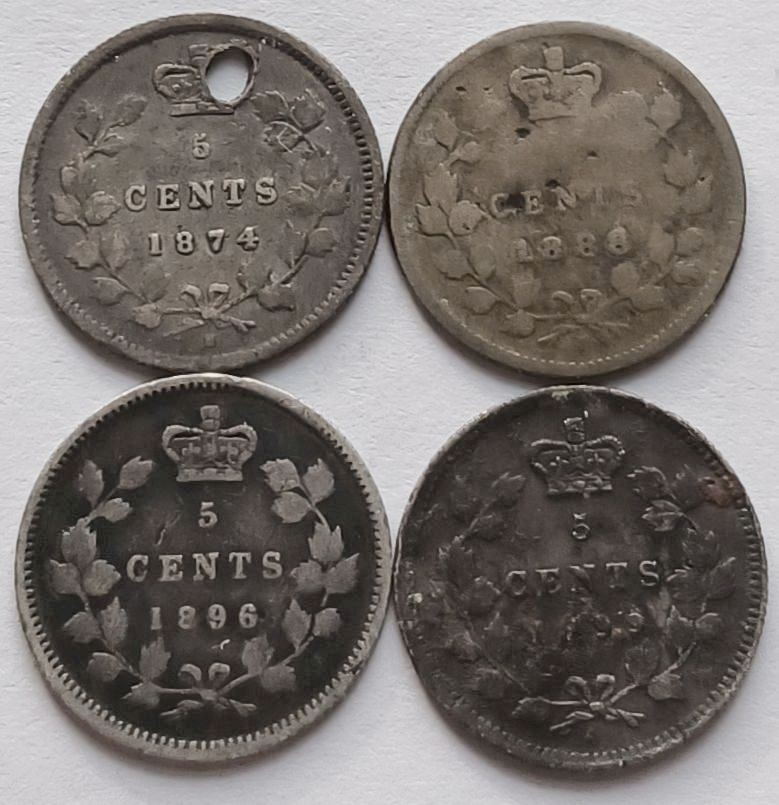 1874-H (holed), 1888, 1896, 1899 Canada 5 Cents, 4 Victorian 5C Canadian Coins