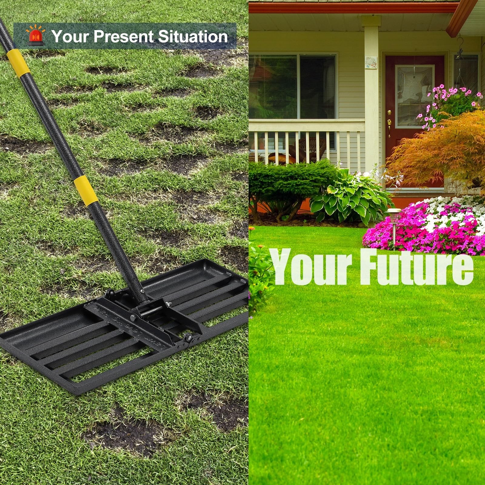 Heavy Duty Lawn Leveling Rake 30"x10" - Adjustable 72" Handle, Foldable Soil Gra