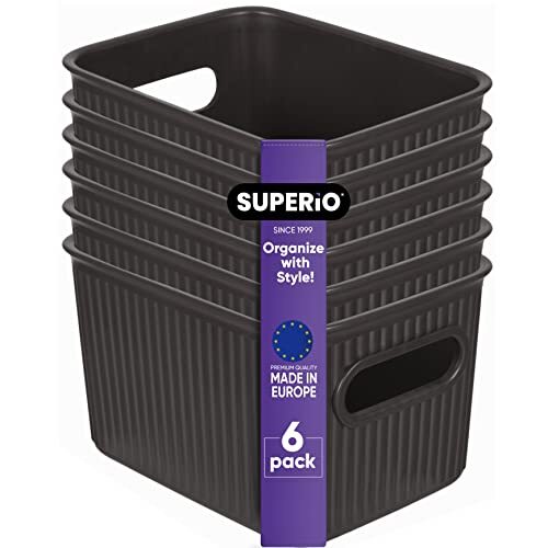 Superio 1.5 L Mini Ribbed Storage Bin- Plastic Storage Basket (Brown, 6 Pack)