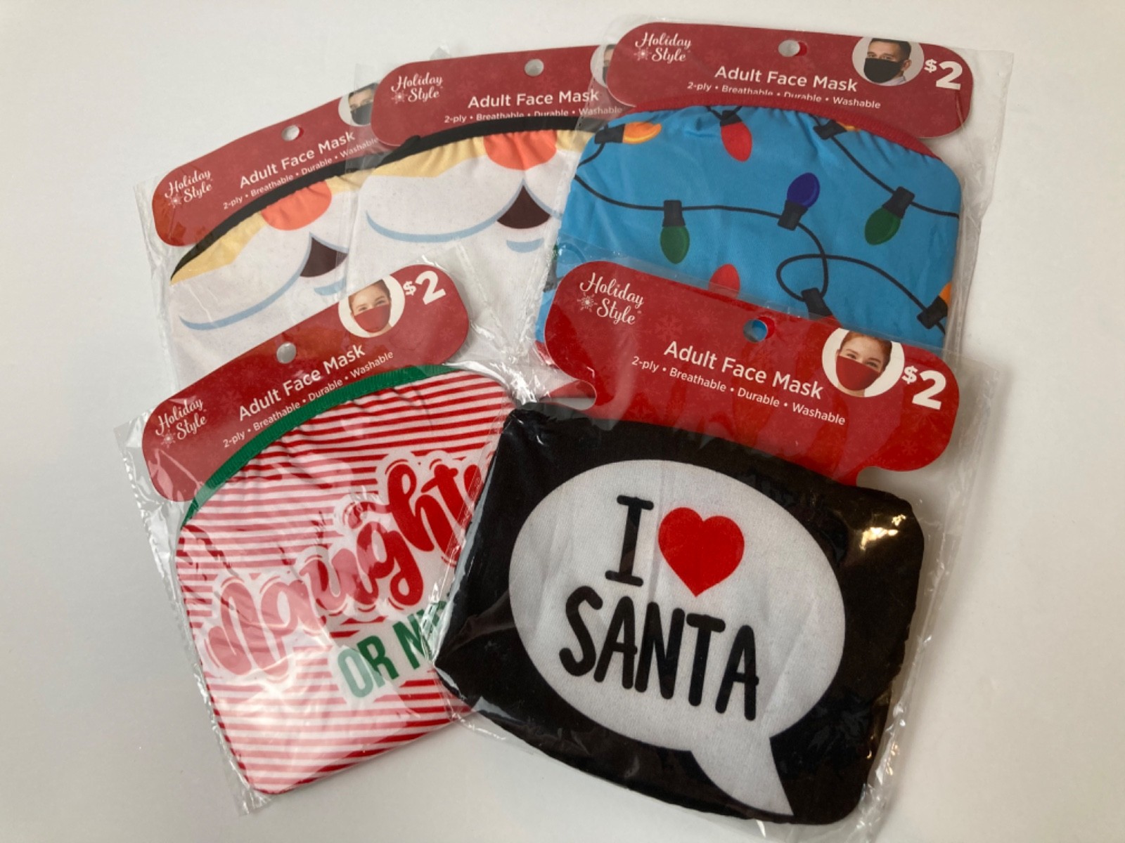 (5)  Adult Face Masks Holiday Style Santa Lights Naughty Nice New NIP
