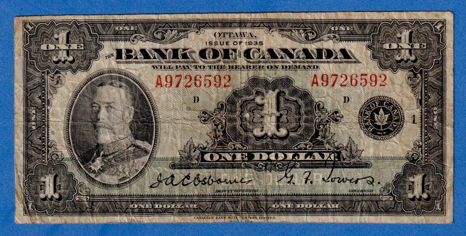 Bank of Canada $1 1935 BC-1 / P-38 Circulated Note - A9726592