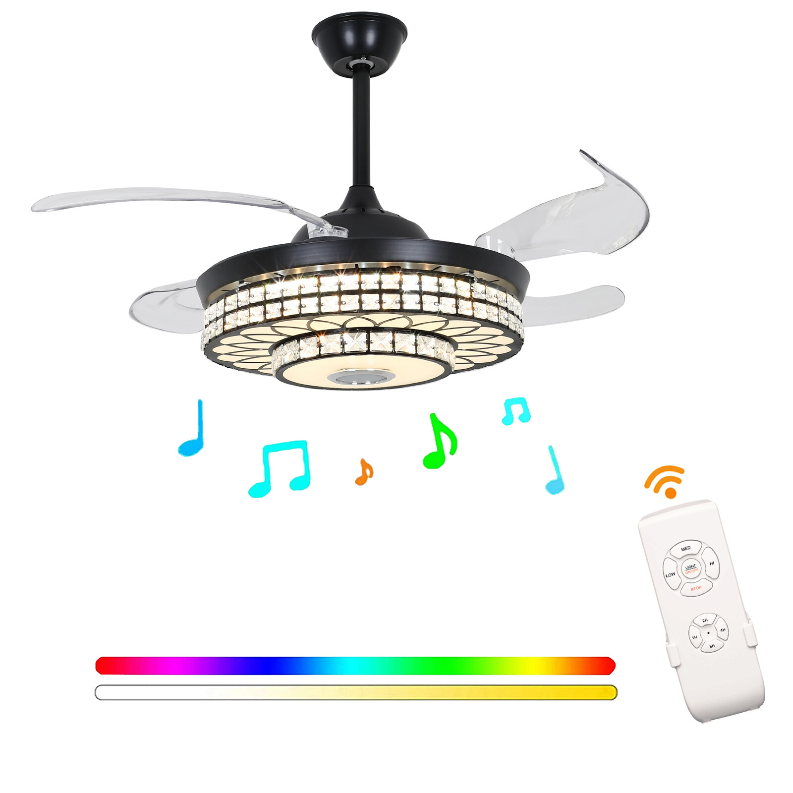 42" Crystal Ceiling Fan Light Bluetooth Speaker 7Color Change Ceiling Chandelier
