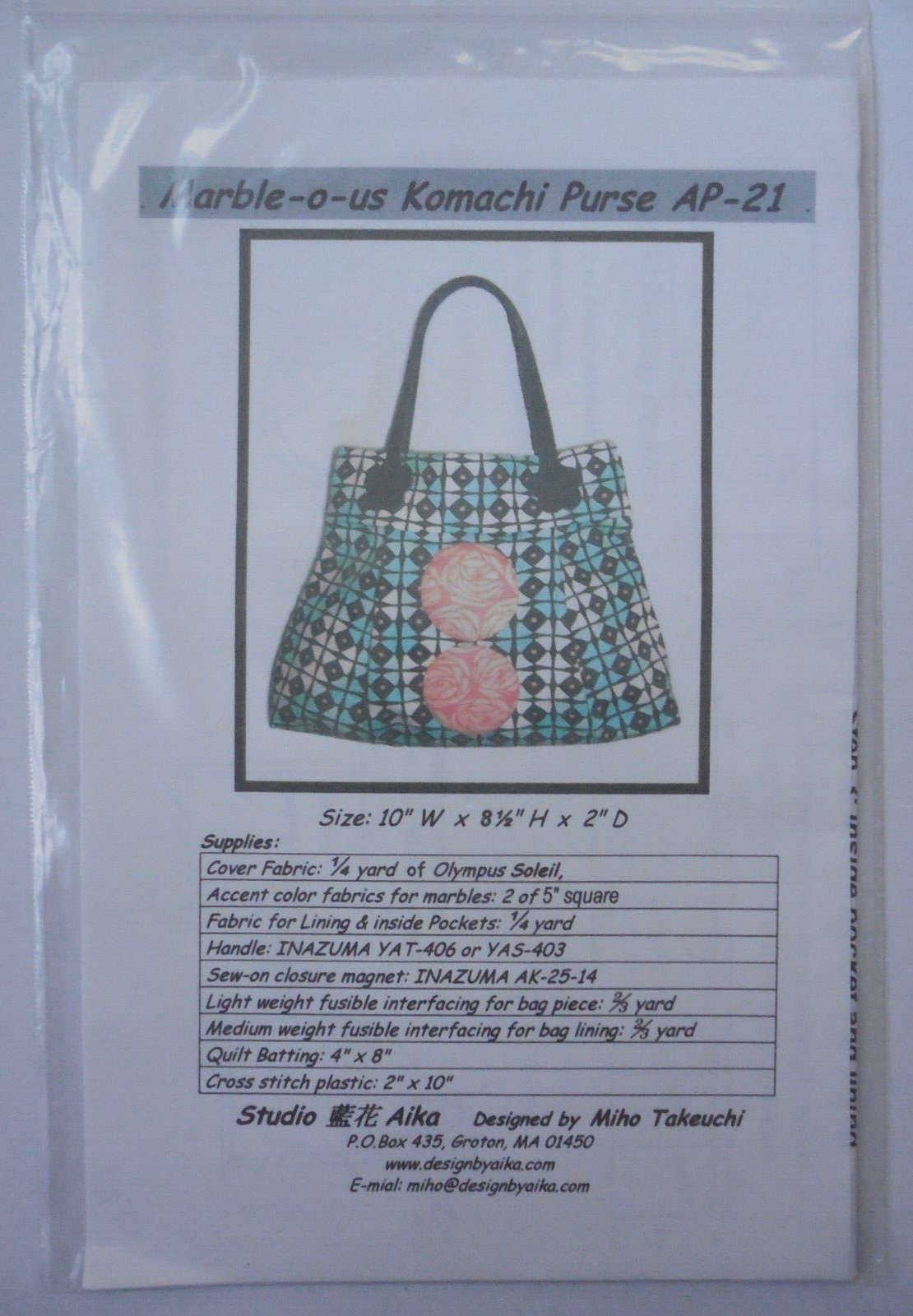 Studio Aika Sewing Pattern, Komachi Purse  #AP-21,  Size:  10"W X 8 1/2"H X  2"D