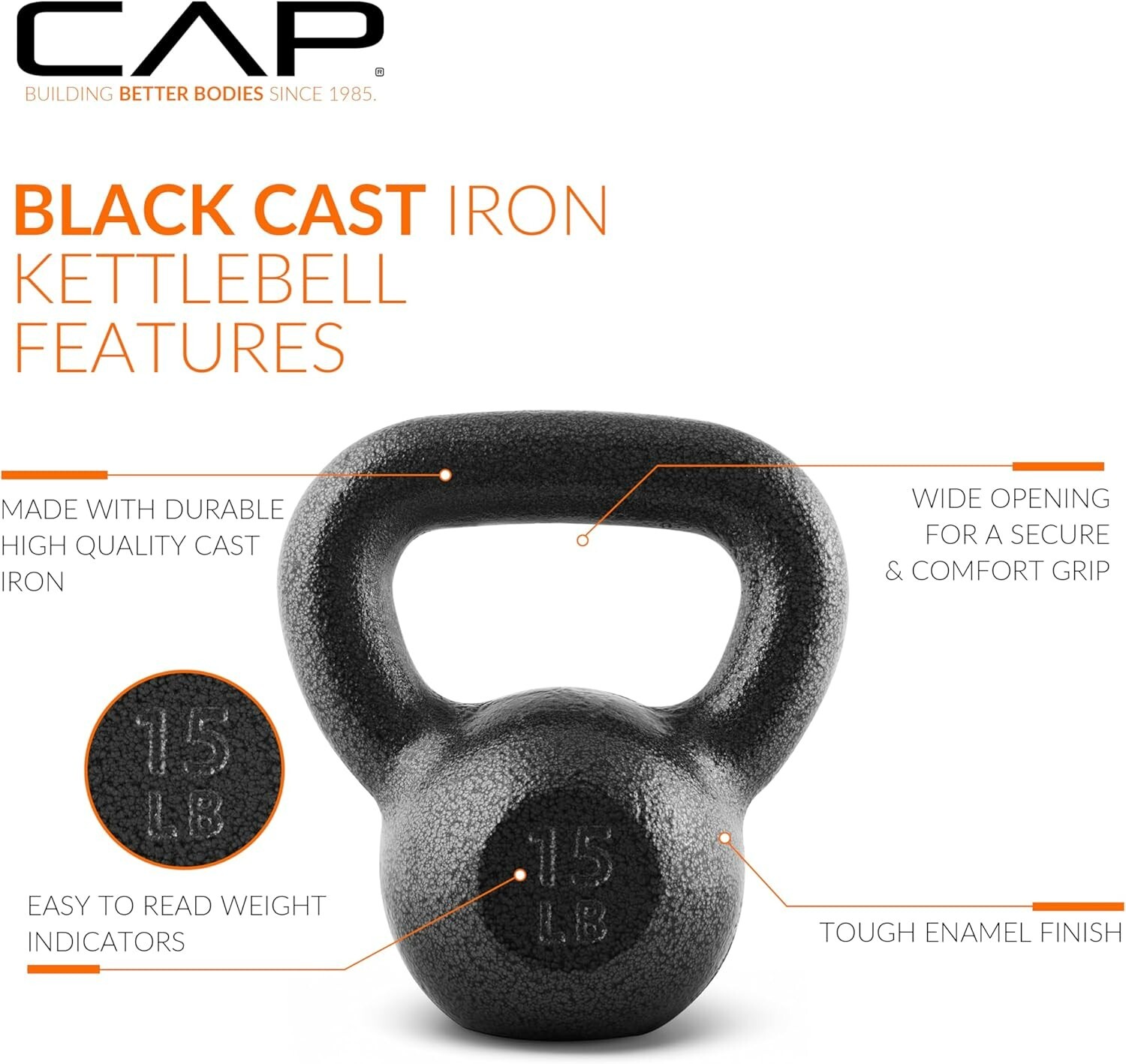 CAP Barbell Black Cast Iron Single Kettlebell, 15 LBS - Single , NEW