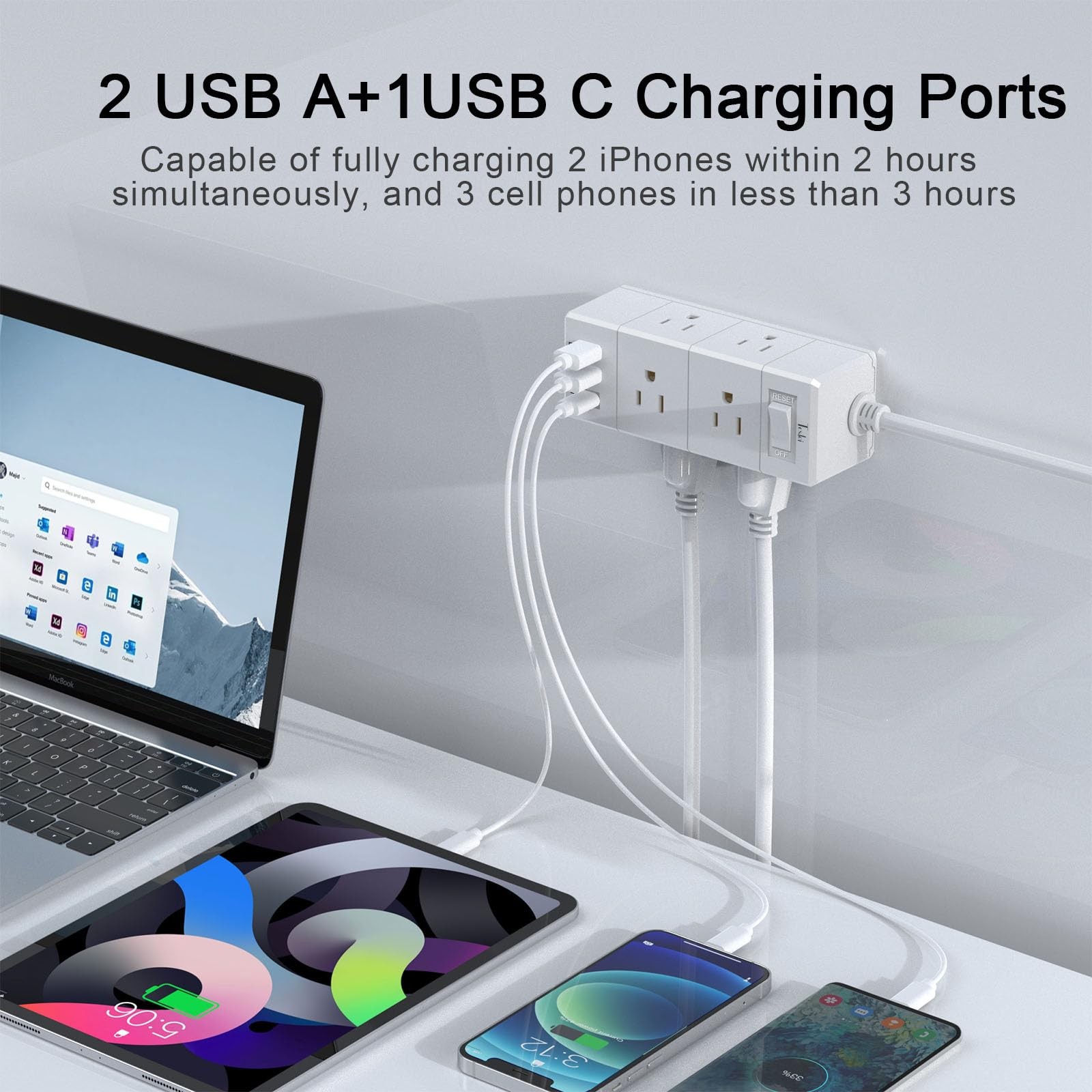 5Ft Outlet Extender Power Strip - Tcstei Flat Plug Extension Cord 5 Ft, White
