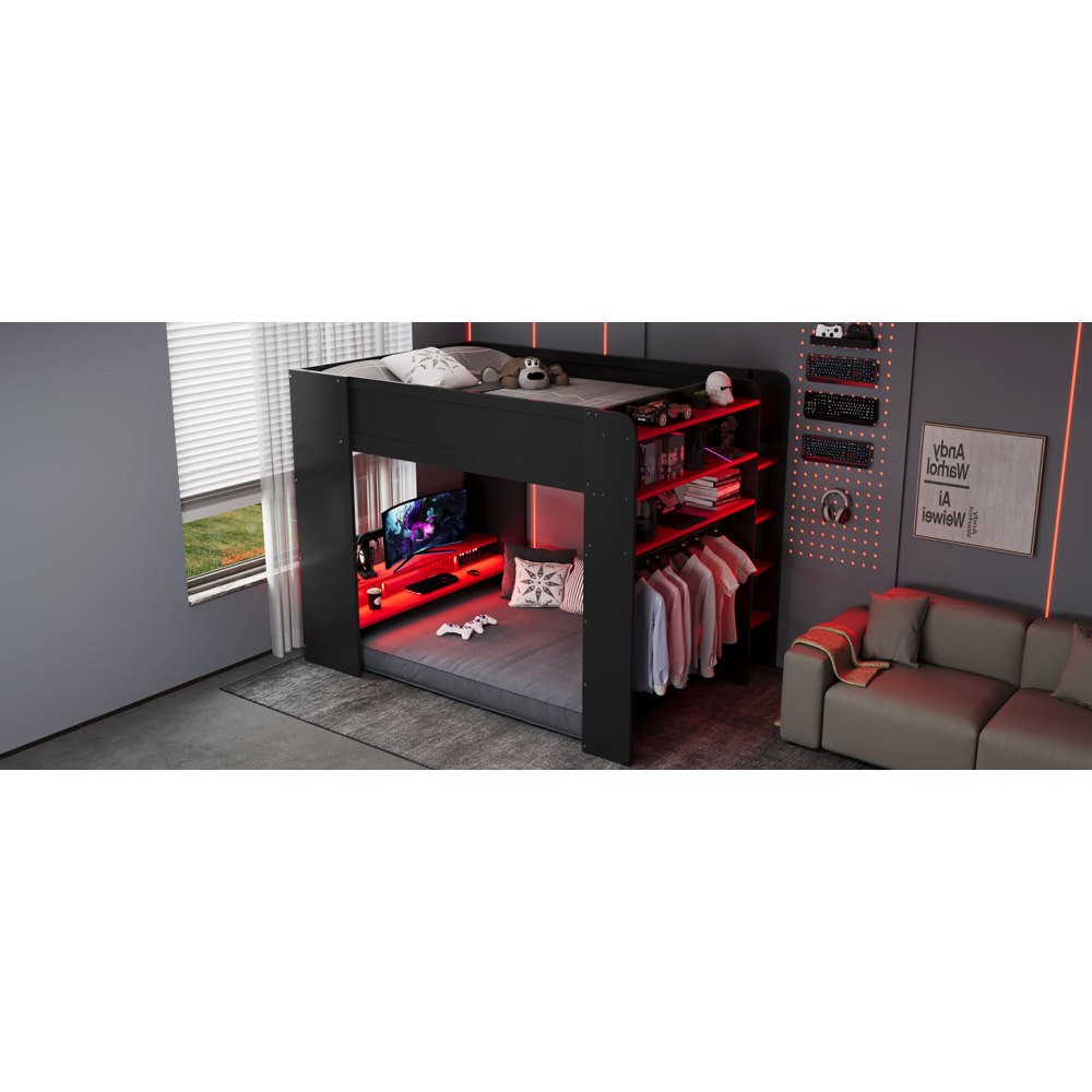 Full Size Bunk Bed with Desk, RGB Lights, Wardrobe, Storage for Gaming Setup