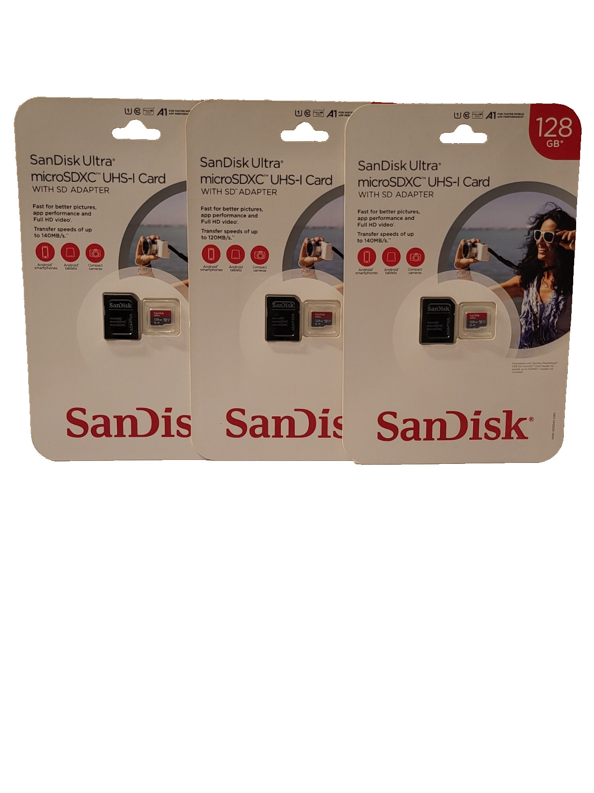 SanDisk 3-Pack Ultra 128GB microSDXC UHS-I Class 10 w/Adapter High Speed New