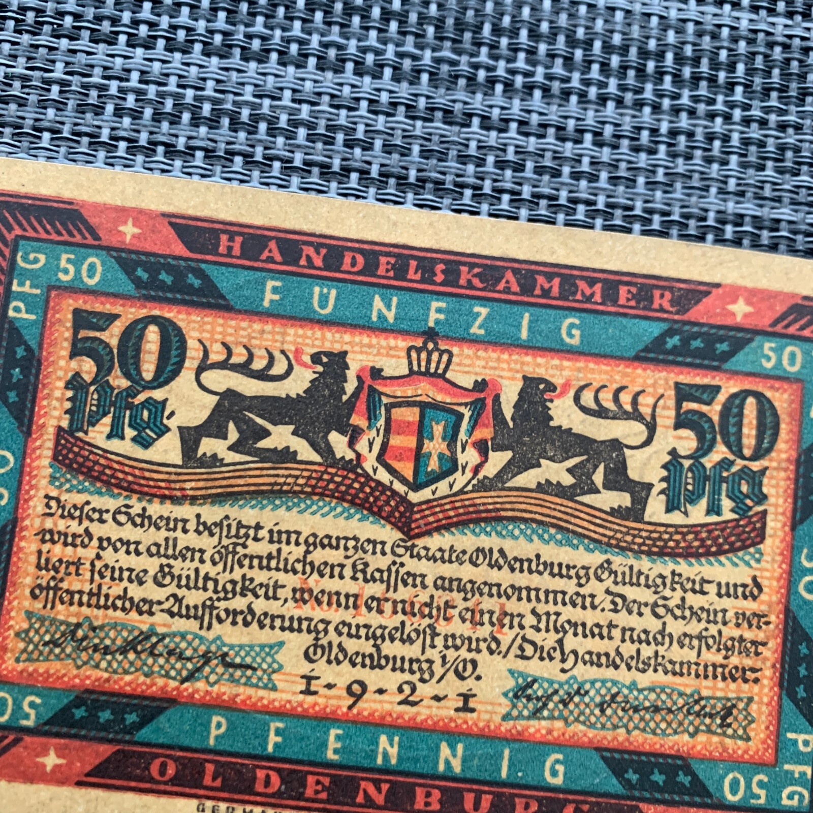 Two LIONS German Notgeld. Emergency 50 Pfennig Currency Banknote. Post WW1 Era