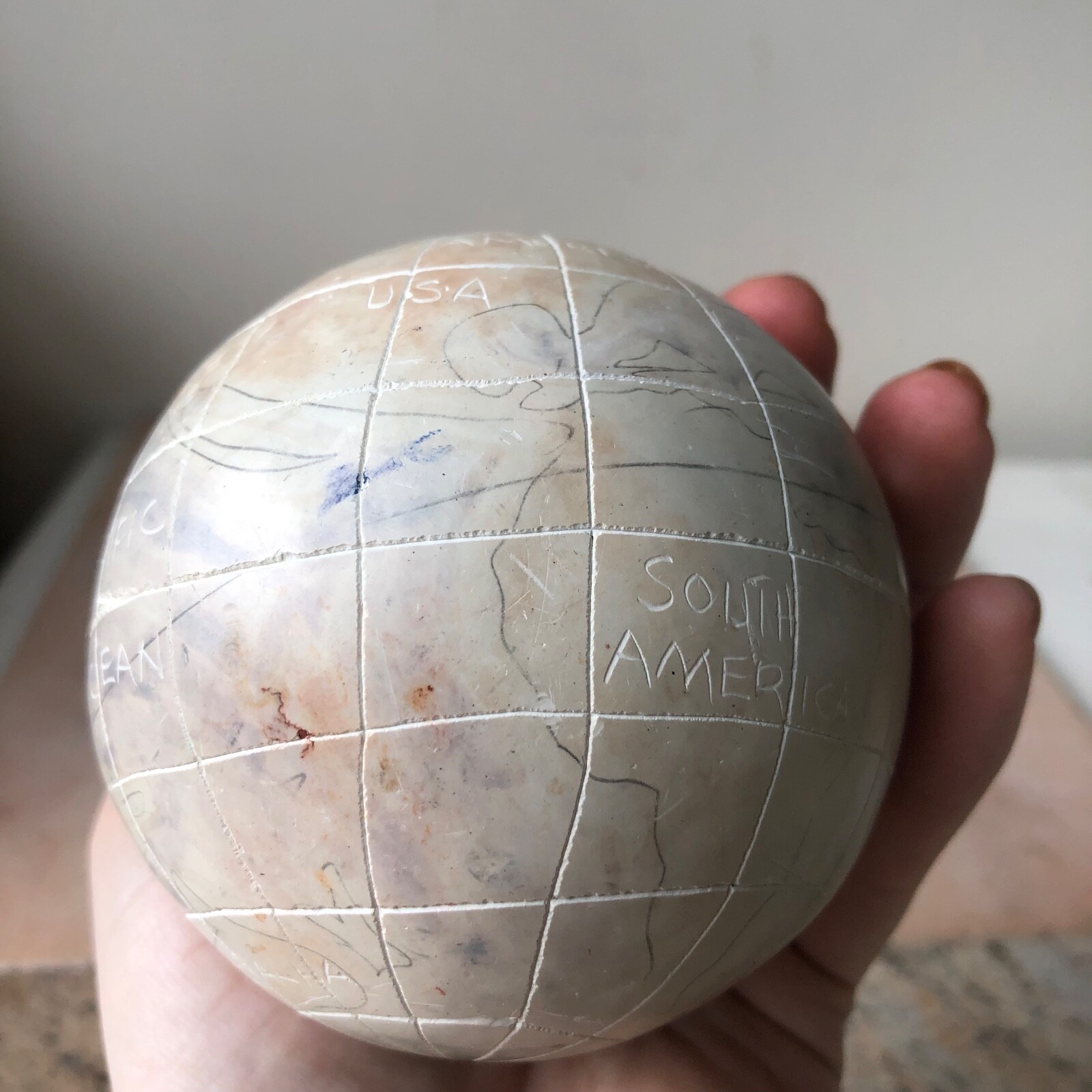 Unique Vintage Carved and Handpainted Stone Globe / World Map