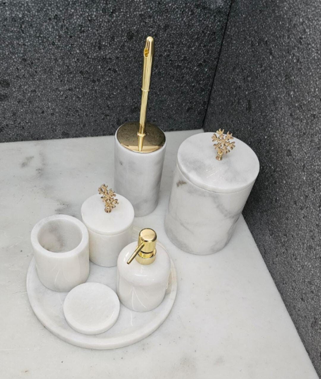 Luxury White Marble Bathroom Accessory Set | 7-Piece Vanity Set with Gold Soap D