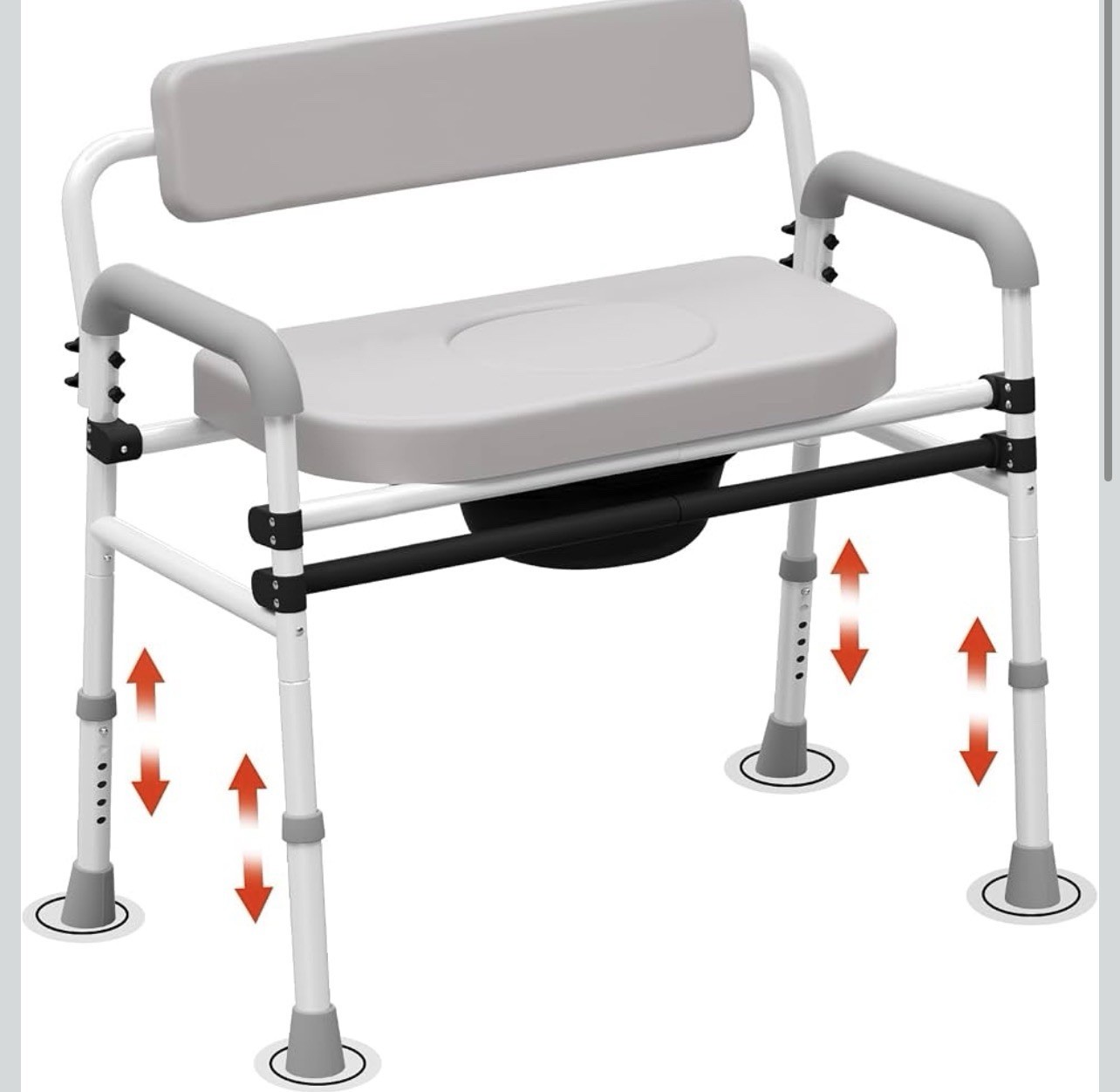 Adjustable Medical Bedside Commode Chair with Padded Backrest, Drop Arm Support