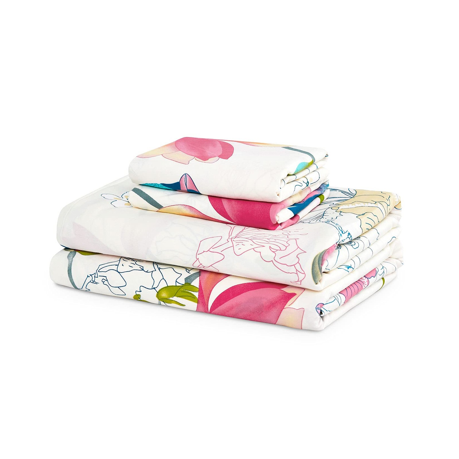 - Floral Bed Sheets, 100% Cotton, 4-Piece Sheet Set, Bird Patterned Printed B...