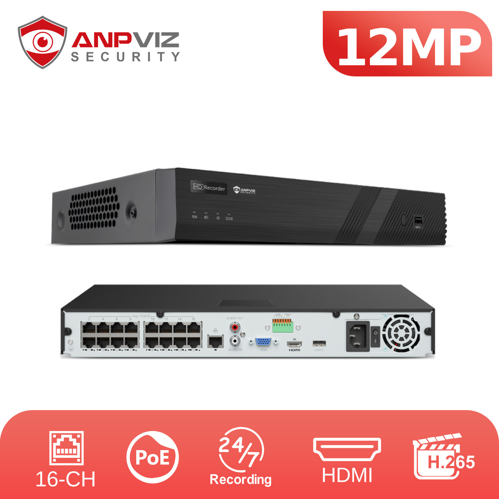 Anpviz 12MP 16CH PoE NVR NDAA Compliant 2 SATA Ultra H.265 IP Camera Recorder