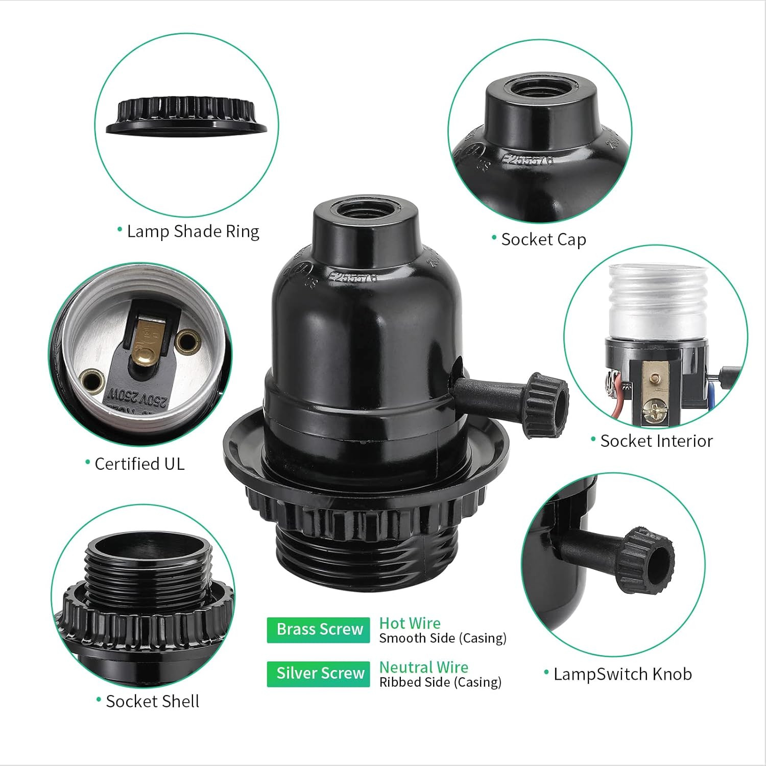 UL Listed E26 Light Socket, Lamp Socket Replacement with On/Off Switch Medium Ba
