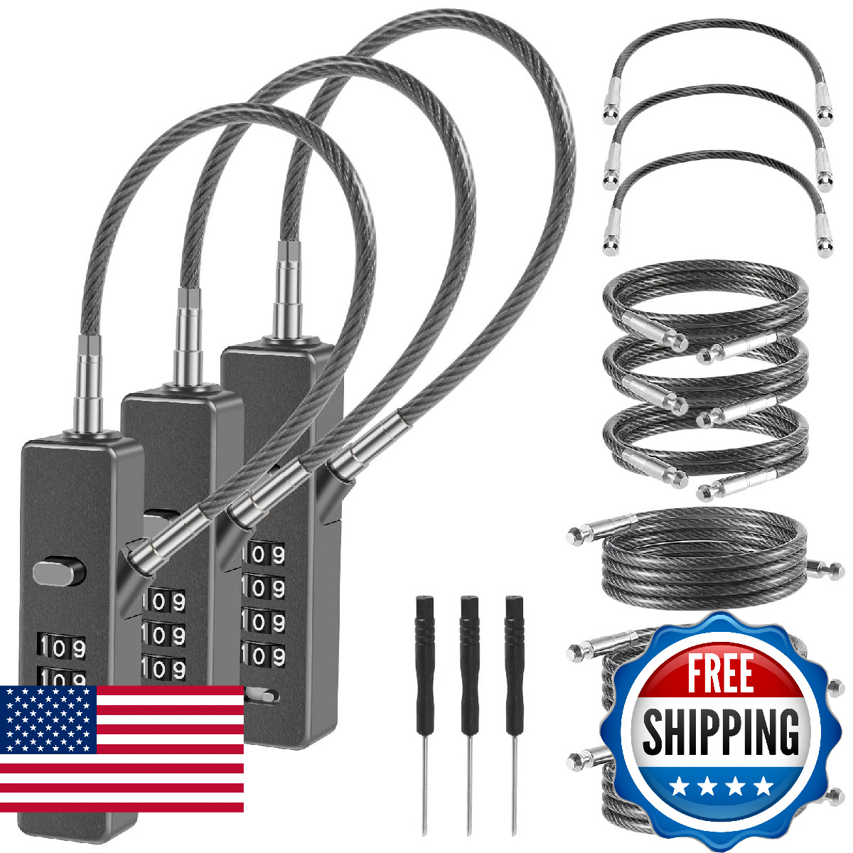 Tksdwblty 3Pack Wire Padlock Snowboard Lock Combination Cable Lock 4-Digit Ski