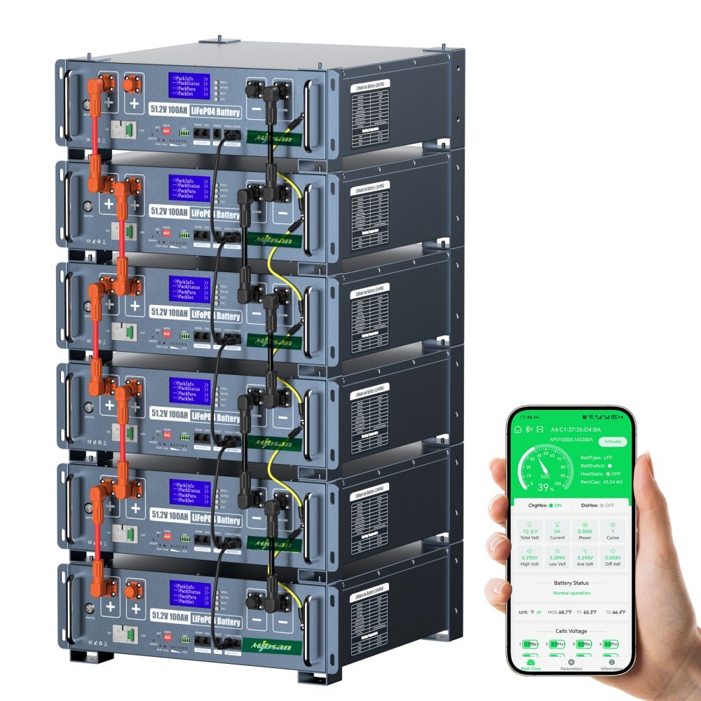 6Pack 48V 100Ah LiFePO4 Lithium Battery Bluetooth/Wifi 3U Server Rack For Solar