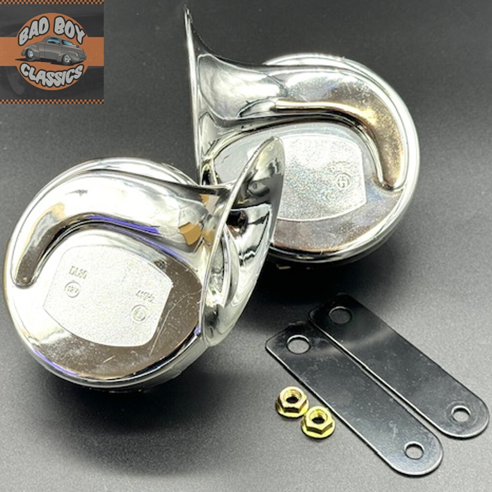 12v Twin Polished Chrome Snail Horns High / Low Tone Ideal For CLASSIC FORD