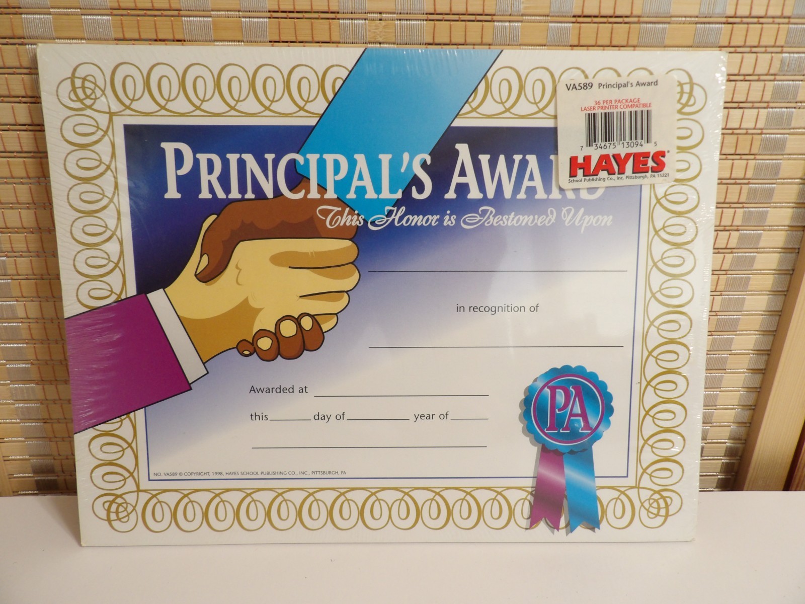 Hayes Principal's Award Certificate 8.5" x 11" Pack of 30 (VA589)