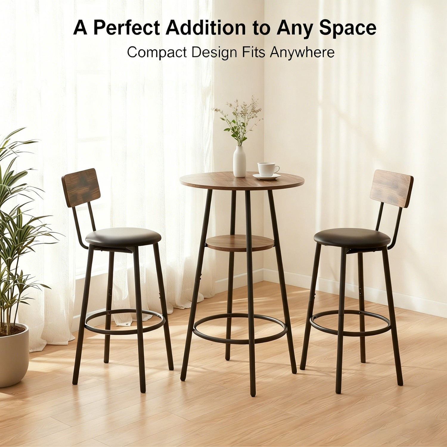 3 Piece Bar Table Set Round Counter Height Table w/ 2 PU Upholstered Bar Stools