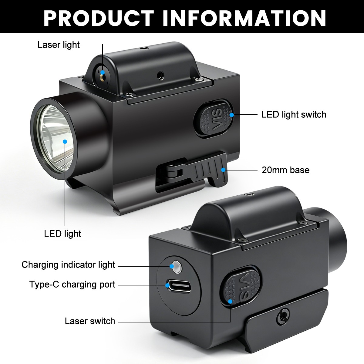 2000LM LED Flashlight Light & Red Laser Dot Sight Combo Rechargeable for G17 G19