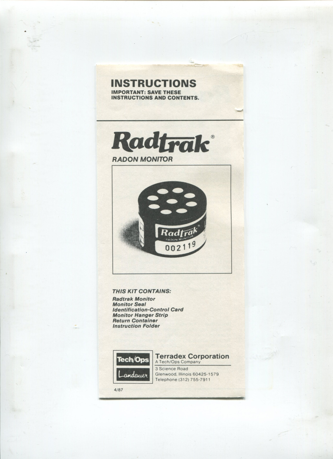 instructions brochure for Radtrack radon monitor