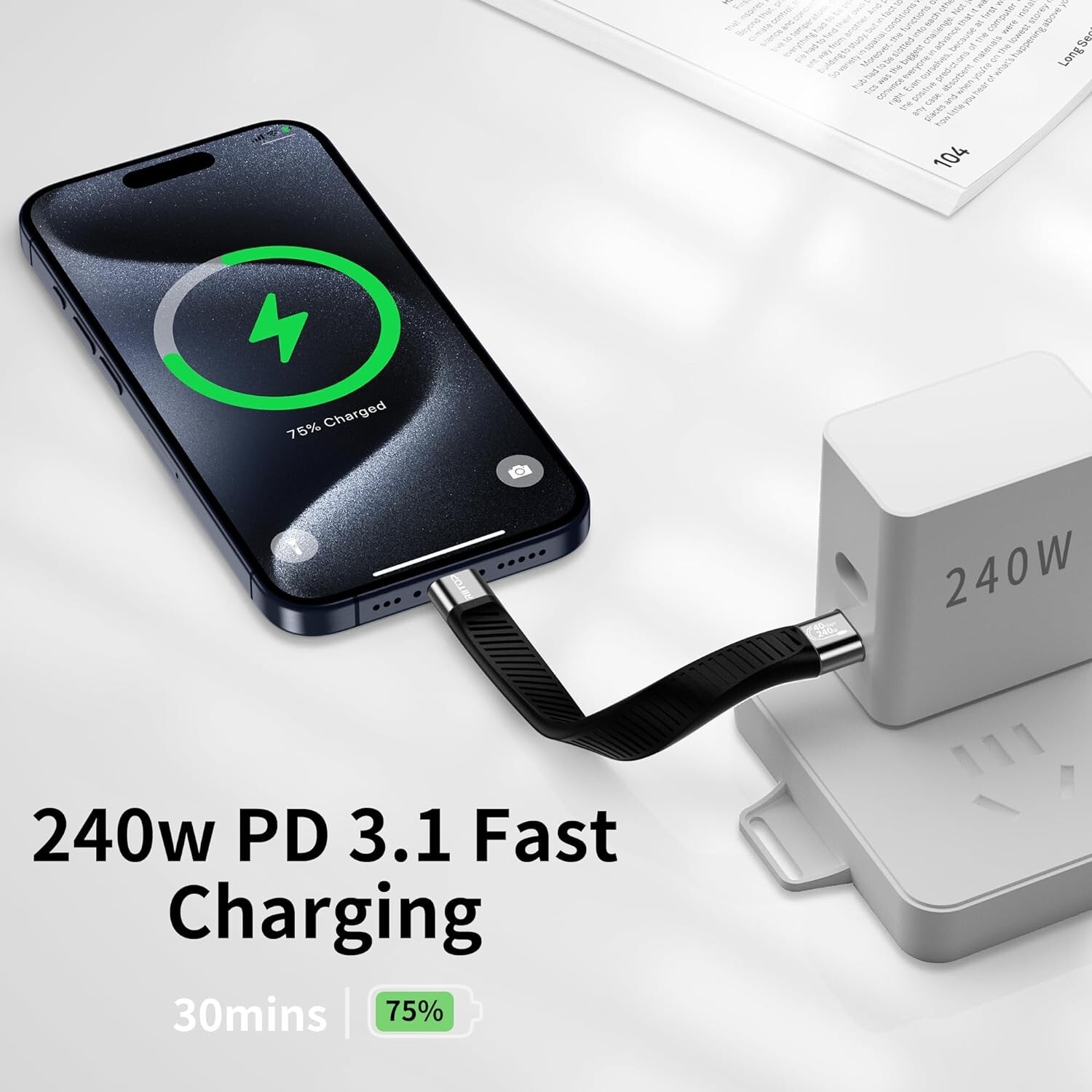 RIITOP USB4 C Cable Short [5inch, Flat], 40G USB C to C Cable 240W Fast Charging