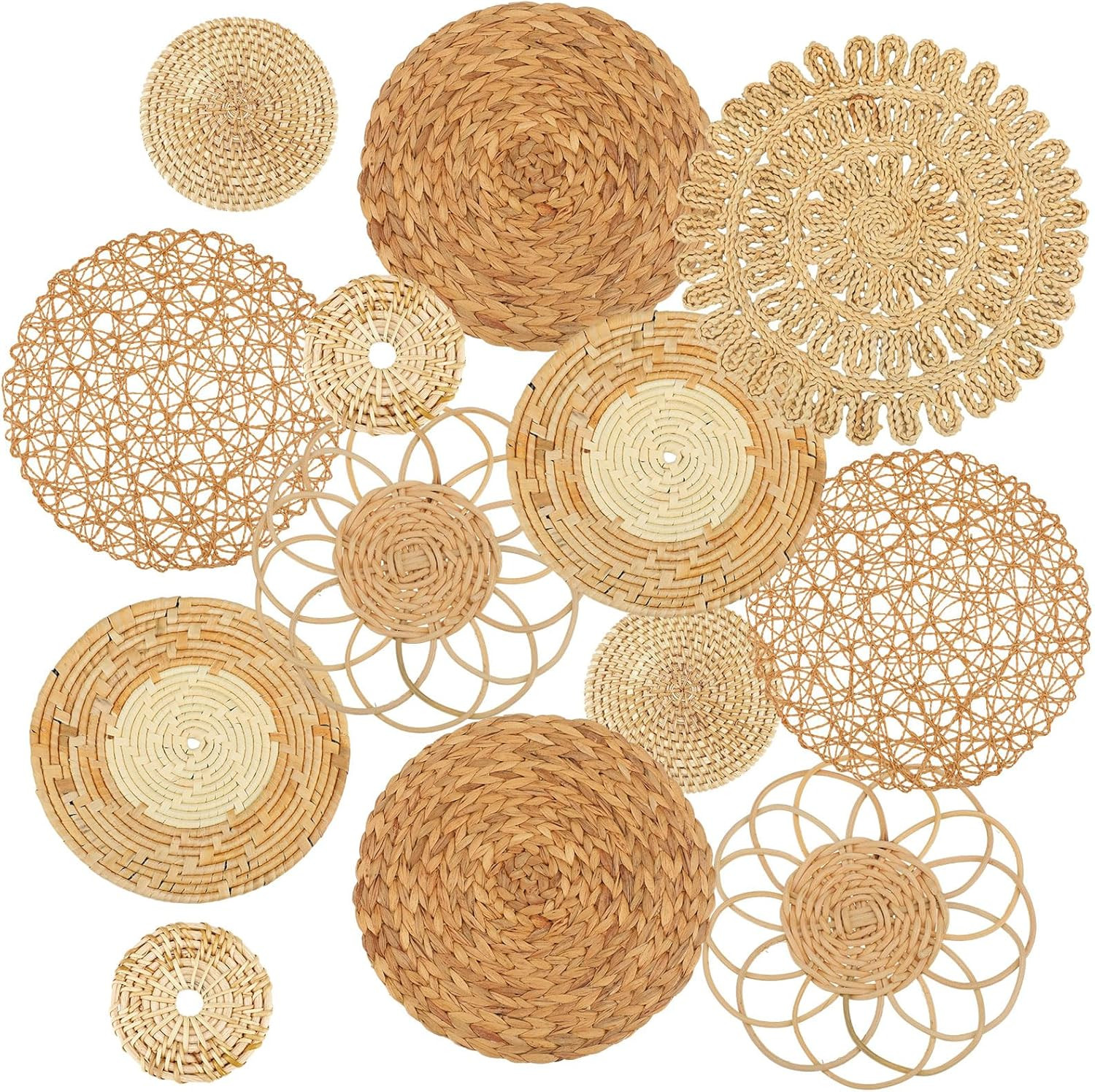 Set of 13 Boho Wall Basket Decor Woven Rattan Flat Baskets Handmade Boho Wicker