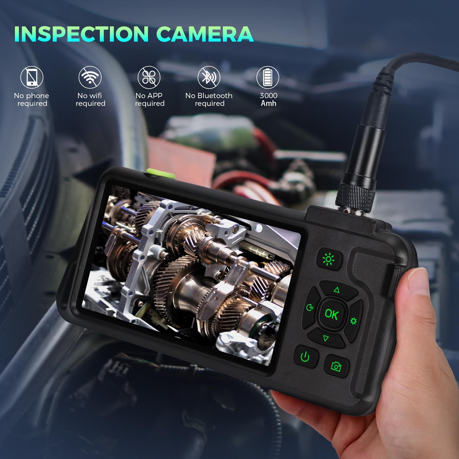 Triple Lens 1080P Borescope with 50FT Semi-Rigid Cable, 5" IPS Screen Endoscope