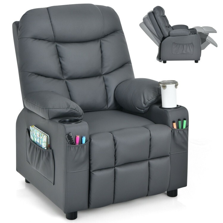 Kids Recliner Chair PU Leather Children Room Chair W/ Cup Holders & Side Pockets
