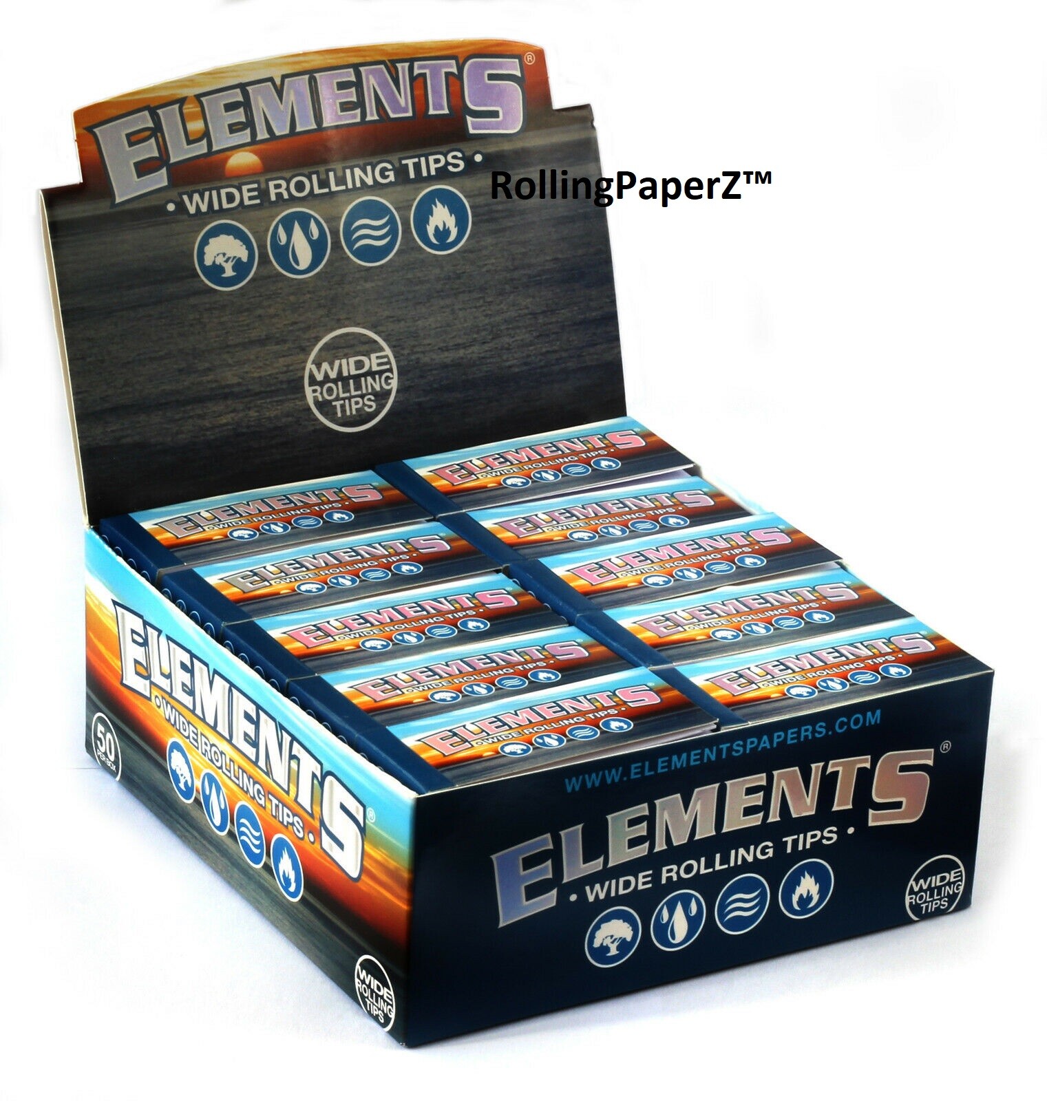 Elements WIDE ROLLING TIPS - Full Box - 50 PACKS/ 50 TIPS PER PACK/ 2500 TOTAL